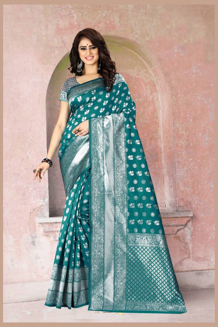 Sea green woven banarasi saree with blouse SAREEFLAME 3257073