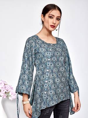Dark-grey printed polyester short-kurtis 1