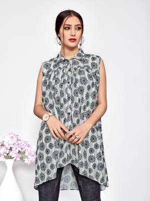 Grey printed polyester short-kurtis 1