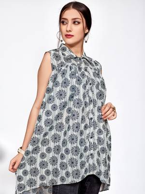 Grey printed polyester short-kurtis 3