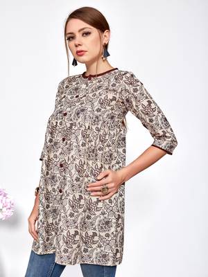 Brown printed polyester short-kurtis 3