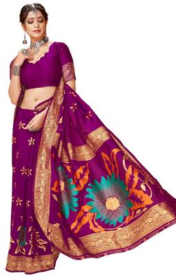 Purple woven silk blend saree with blouse 4