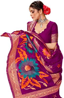 Purple woven silk blend saree with blouse 5