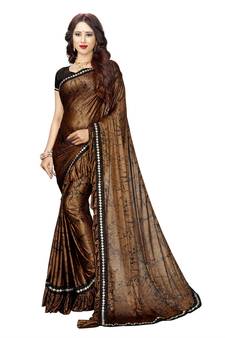 Brown Plain Lycra Saree With Blouse