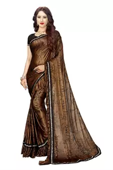 Brown Plain Lycra Saree With Blouse