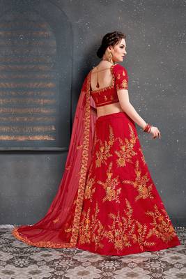 Red Embroidered Silk Unstitched Lehenga 2