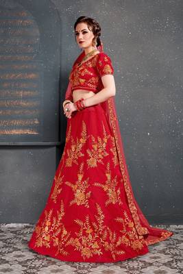 Red Embroidered Silk Unstitched Lehenga 3