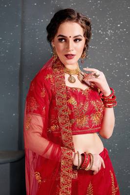 Red Embroidered Silk Unstitched Lehenga 4