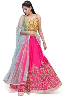 Pink Embroidered Silk Unstitched Lehenga 1