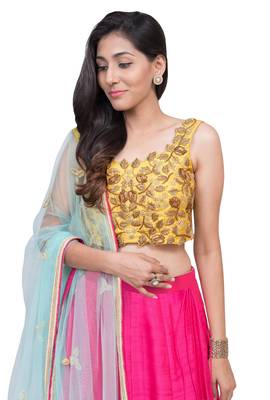 Pink Embroidered Silk Unstitched Lehenga 2