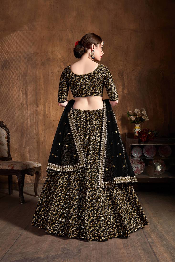 Black Embroidered Silk Unstitched Lehenga