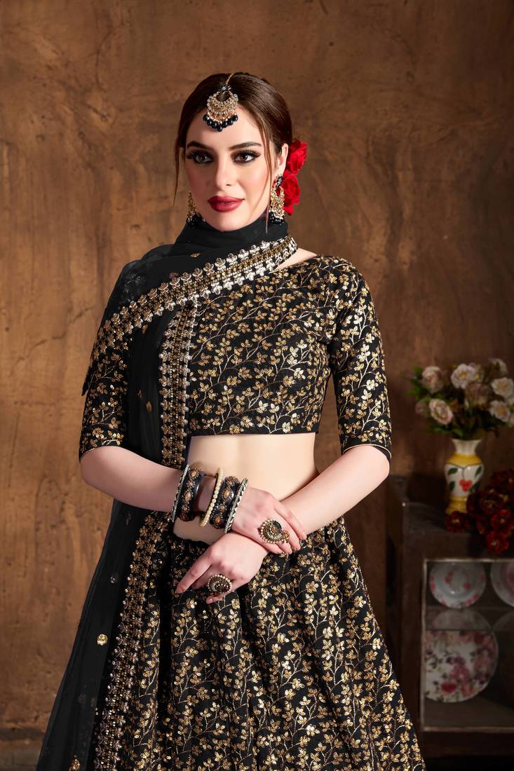 Black Embroidered Silk Unstitched Lehenga