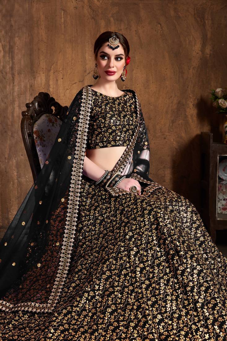 Black Embroidered Silk Unstitched Lehenga