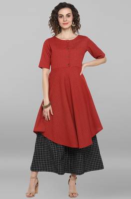 Janasya Red printed cotton kurta 1