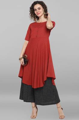 Janasya Red printed cotton kurta 2