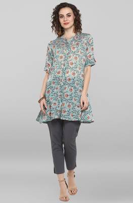 Janasya Sea green printed cotton kurta 1