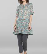 Janasya Sea green printed cotton kurta