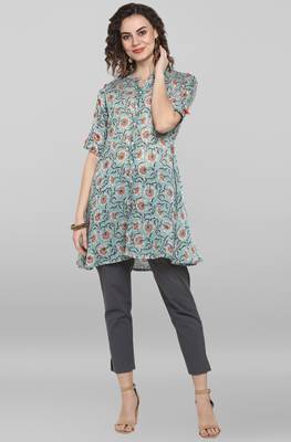Janasya Sea green printed cotton kurta 2
