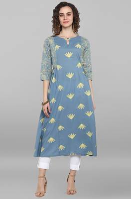 Janasya Sky blue printed cotton kurta 1