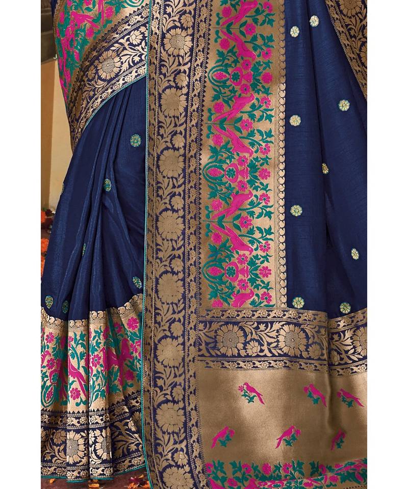navy blue gold zari woven Paithani Saree with designer blouse