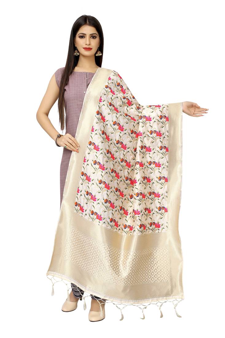 White Banarasi Silk Jacquard Woven Dupatta