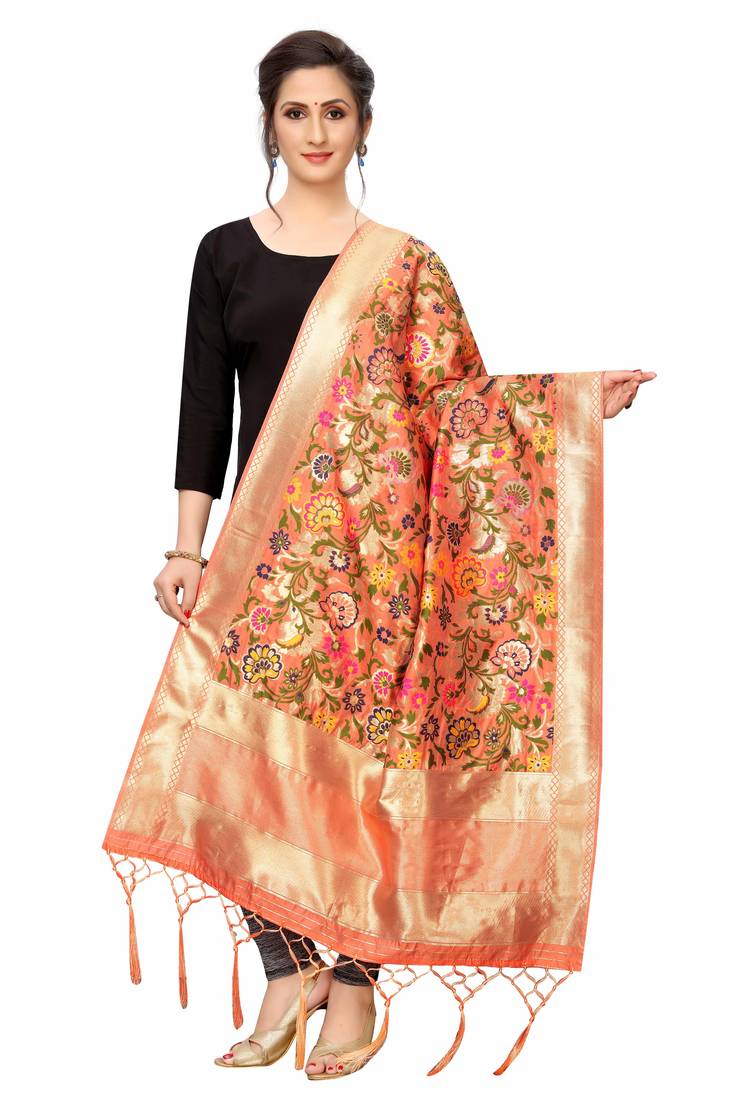 Peach Banarsi Silk Dupatta main image 1