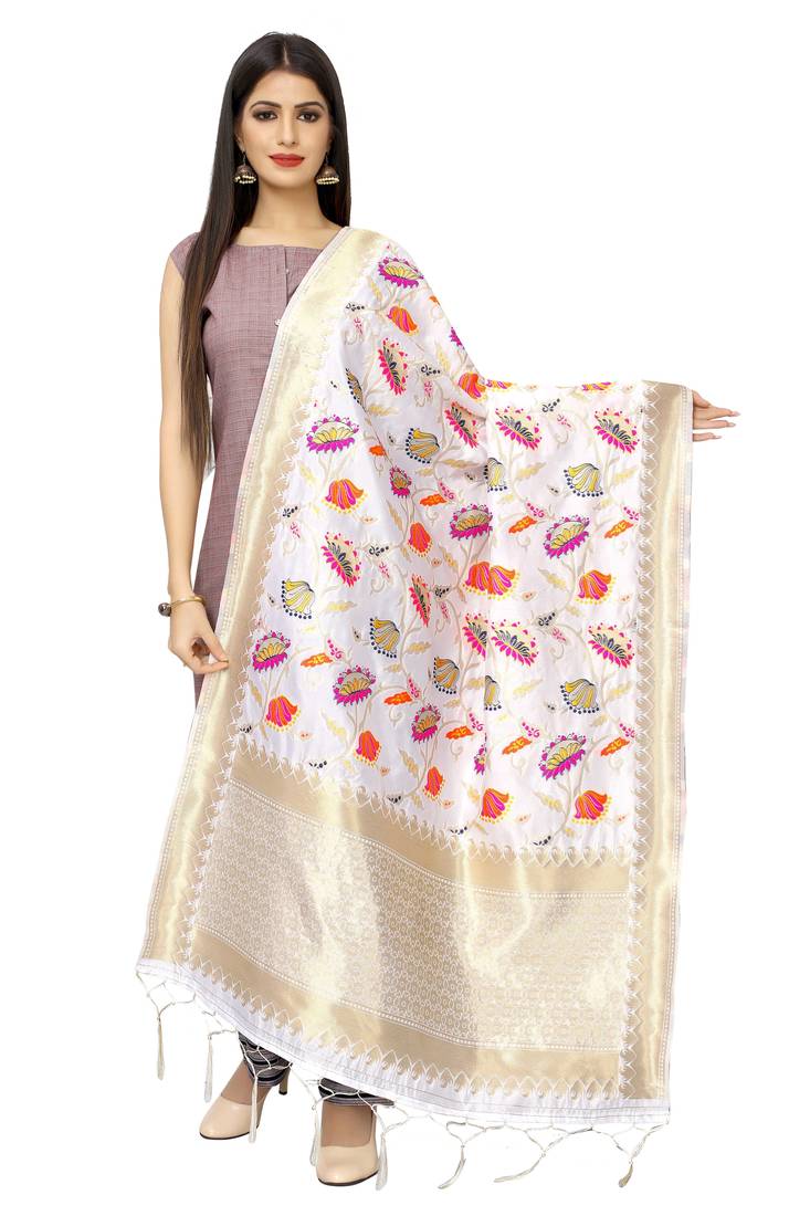 White Banarasi Silk Jacquard Woven Dupatta