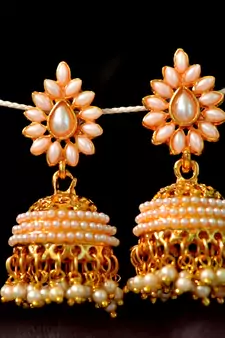 Designer Golden Gold Plated Pearl Jhumka Stud Wedding Festival Earrings