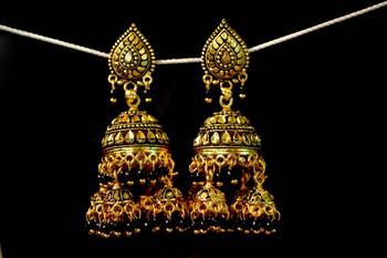 Designer Golden Gold Plated Pearl Jhumka Stud Wedding Festival Earrings 2