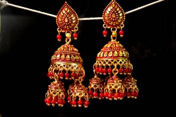 Designer Golden Gold Plated Pearl Jhumka Stud Wedding Festival Earrings 1