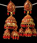 Designer Golden Gold Plated Pearl Jhumka Stud Wedding Festival Earrings