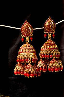 Designer Golden Gold Plated Pearl Jhumka Stud Wedding Festival Earrings 2