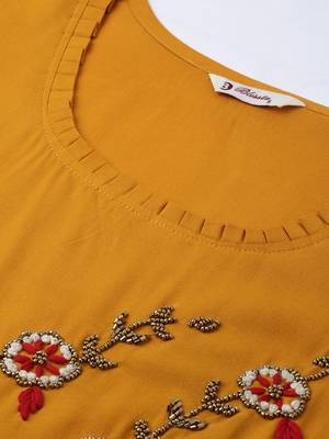 Blissta Women Mustard Solid Kurta with Plazzo With Hand Work Detailing 3