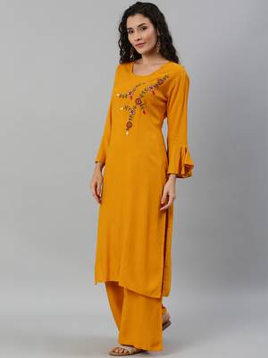 Blissta Women Mustard Solid Kurta with Plazzo With Hand Work Detailing 4