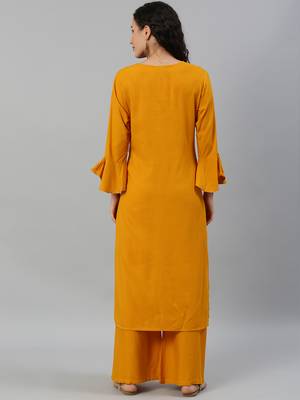 Blissta Women Mustard Solid Kurta with Plazzo With Hand Work Detailing 5