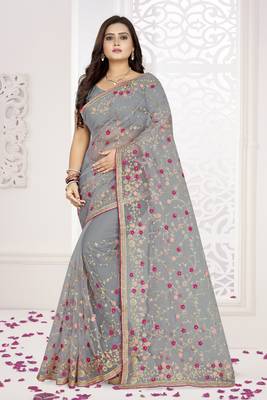 Grey embroidered net saree  1