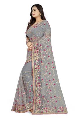 Grey embroidered net saree  2