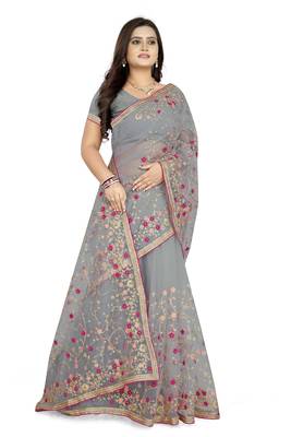 Grey embroidered net saree  3