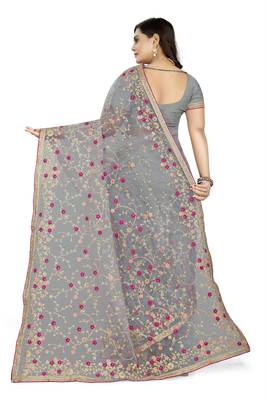 Grey embroidered net saree  4