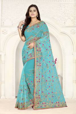 Sky blue embroidered net saree  1