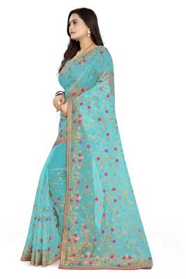 Sky blue embroidered net saree  2