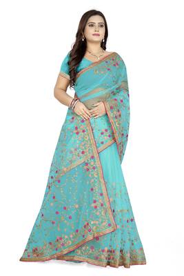 Sky blue embroidered net saree  3