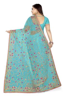 Sky blue embroidered net saree  4