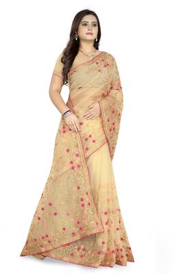 Gold embroidered net saree  3