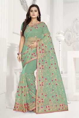 Light parrot green embroidered net saree  1