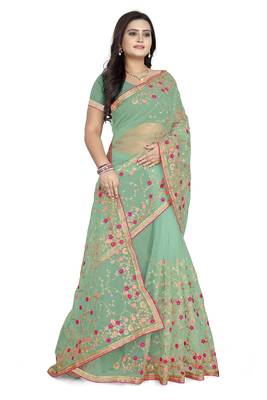 Light parrot green embroidered net saree  3