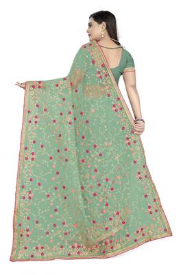 Light parrot green embroidered net saree  4