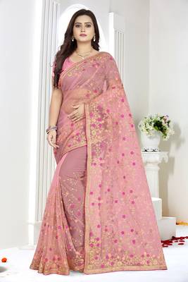 Pink embroidered net saree  1
