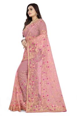 Pink embroidered net saree  2