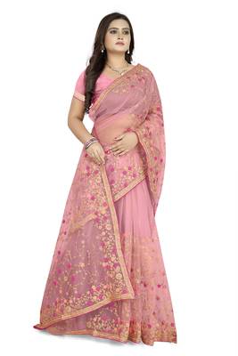 Pink embroidered net saree  3